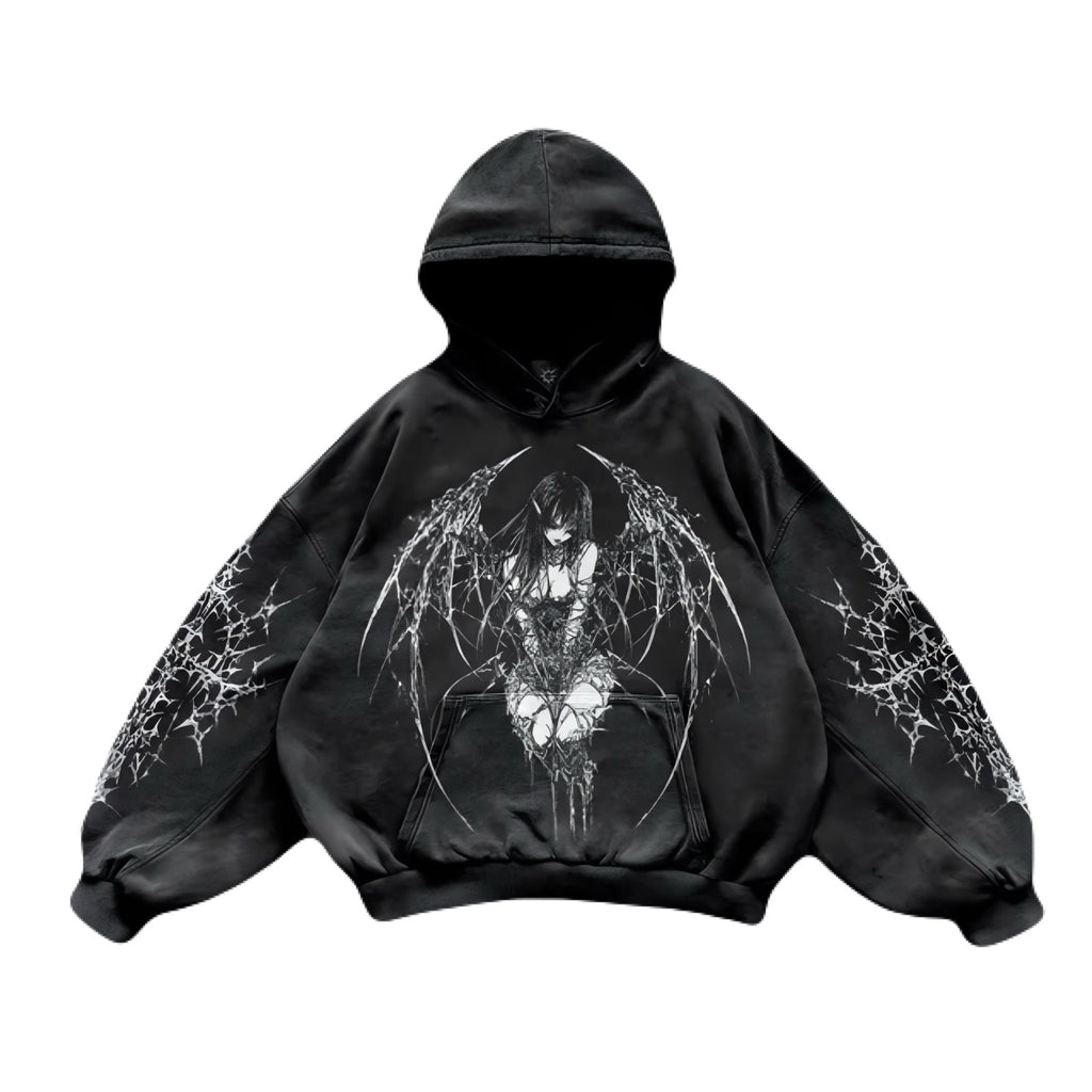 Noctra Forsaken Angel black gothic oversized hoodie with angel graphic