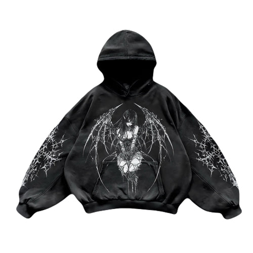 Noctra Forsaken Angel black gothic oversized hoodie with angel graphic