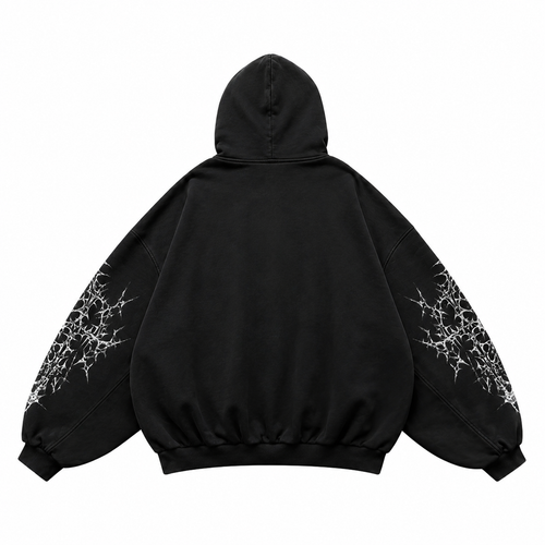 Back view of Noctra black oversized gothic hoodie with graphic sleeves
