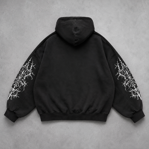 Back view of Noctra black oversized hoodie with gothic sleeve graphics