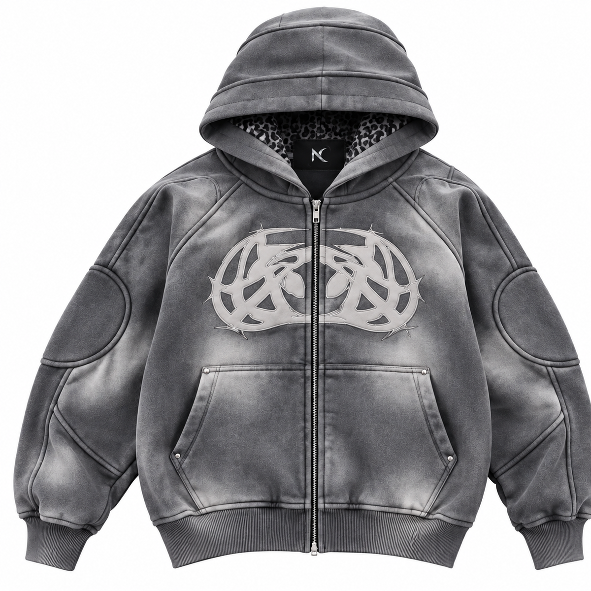 NOCTRA Static Veil grey oversized zip-up hoodie front