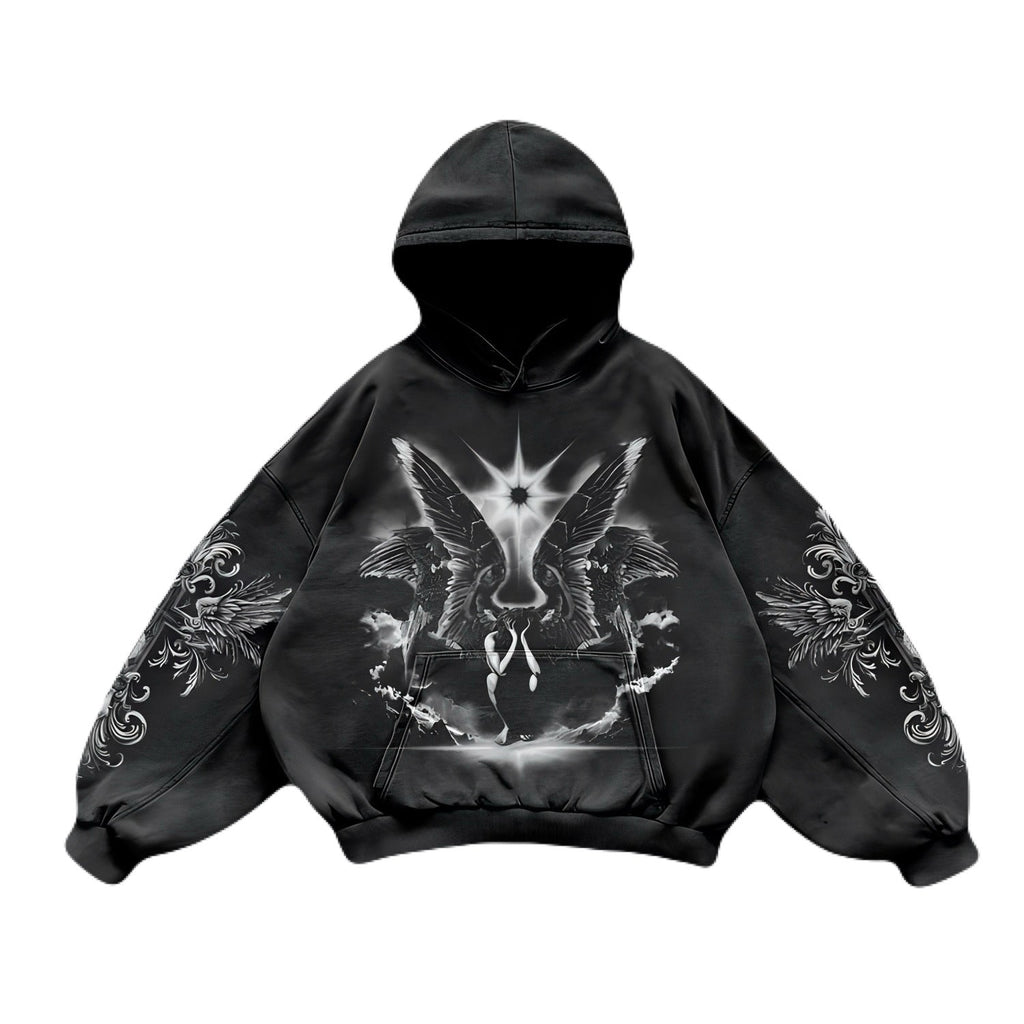 Noctra Twin Seraph black oversized hoodie with celestial angel graphic