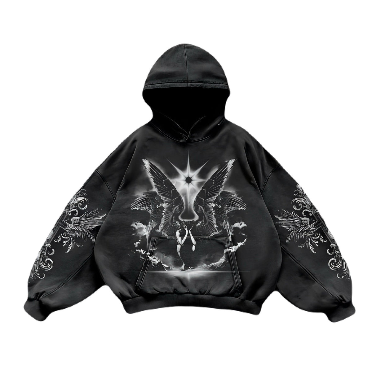 Noctra Twin Seraph black oversized hoodie with celestial angel graphic