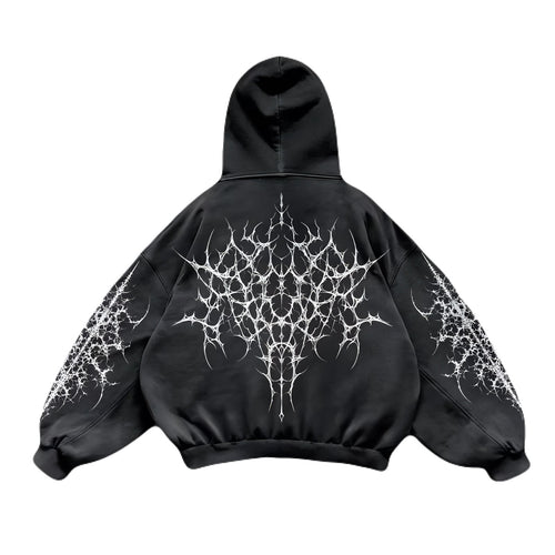Back view of Noctra Black Ritual oversized gothic hoodie with graphic sleeves
